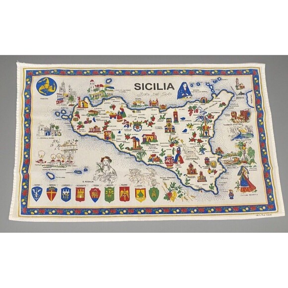 EUC Vintage SICILIA Cotton Tea Towel Dish Kitchen Map Italy Landmarks 32"x19" - Picture 1 of 7